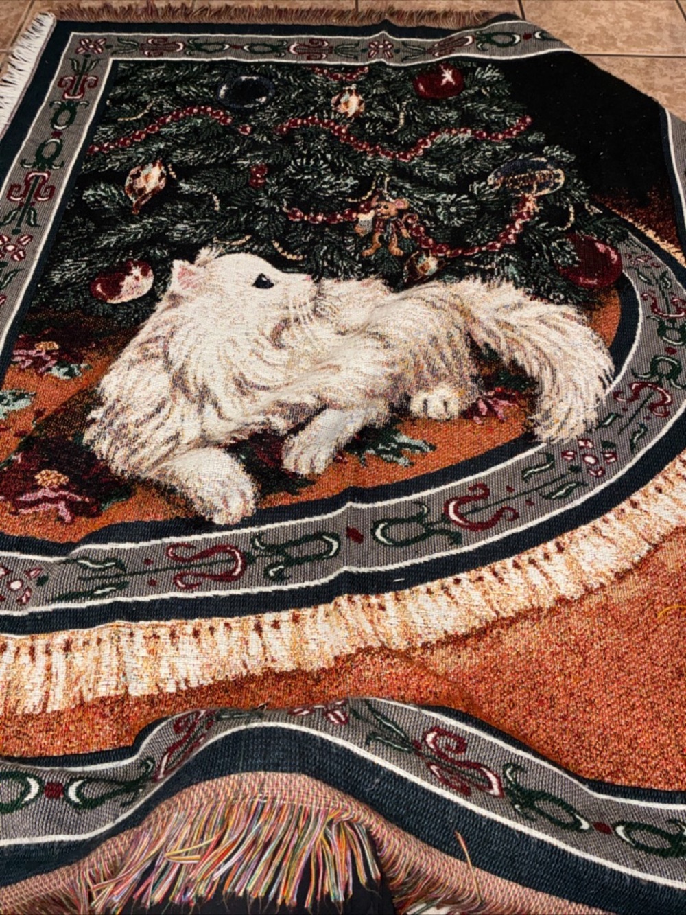 Holiday White cat Throw Blanket with Fringe by